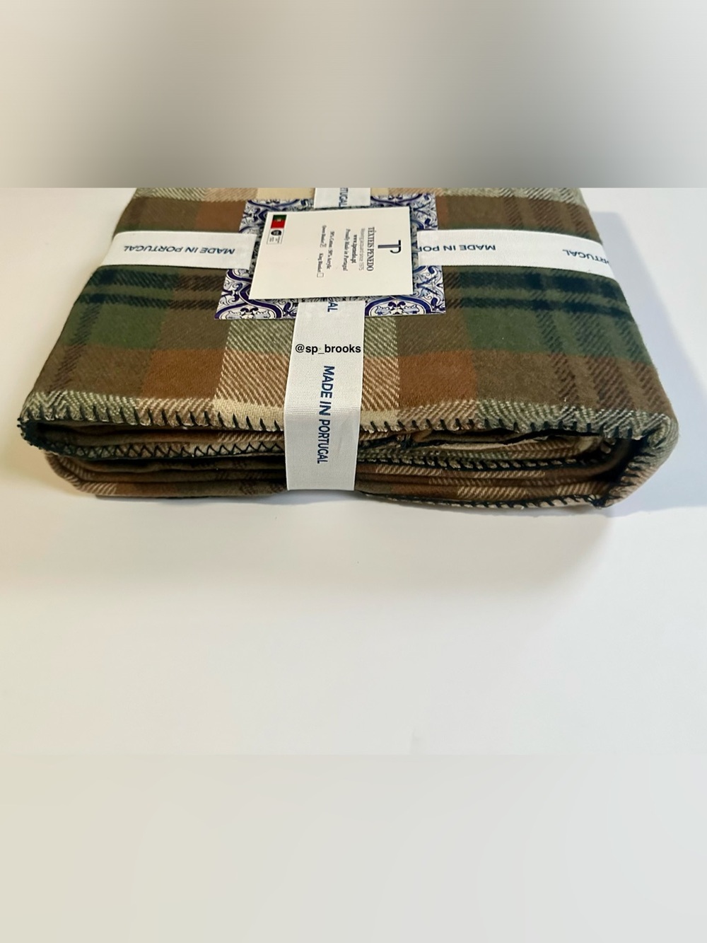 🎁Texteis Penedo Blanket - Green, Brown & Blue Plaid Cotton Blend Queen Blanket - Picture 3 of 7